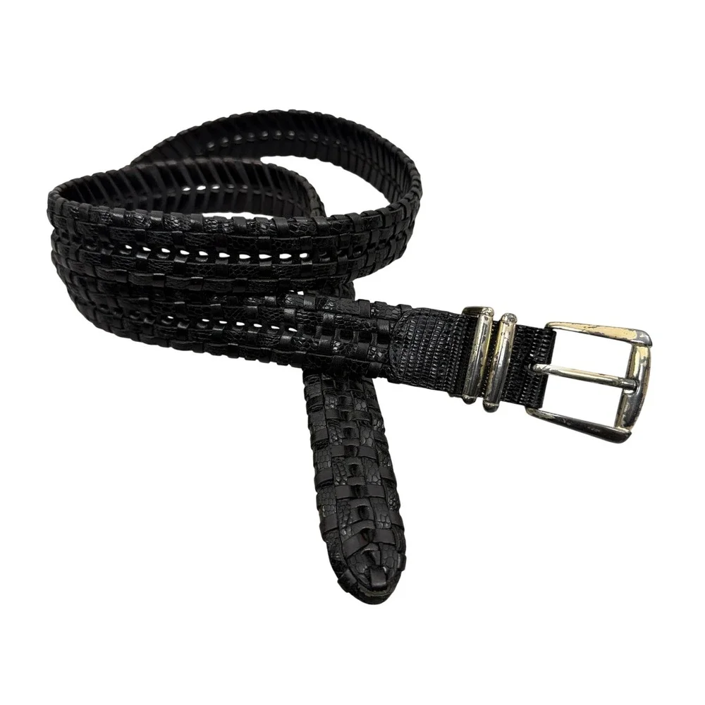 Calé Belt Mens OS Black Woven Leather Made in Spain Lizard Embossed Silver 1.25